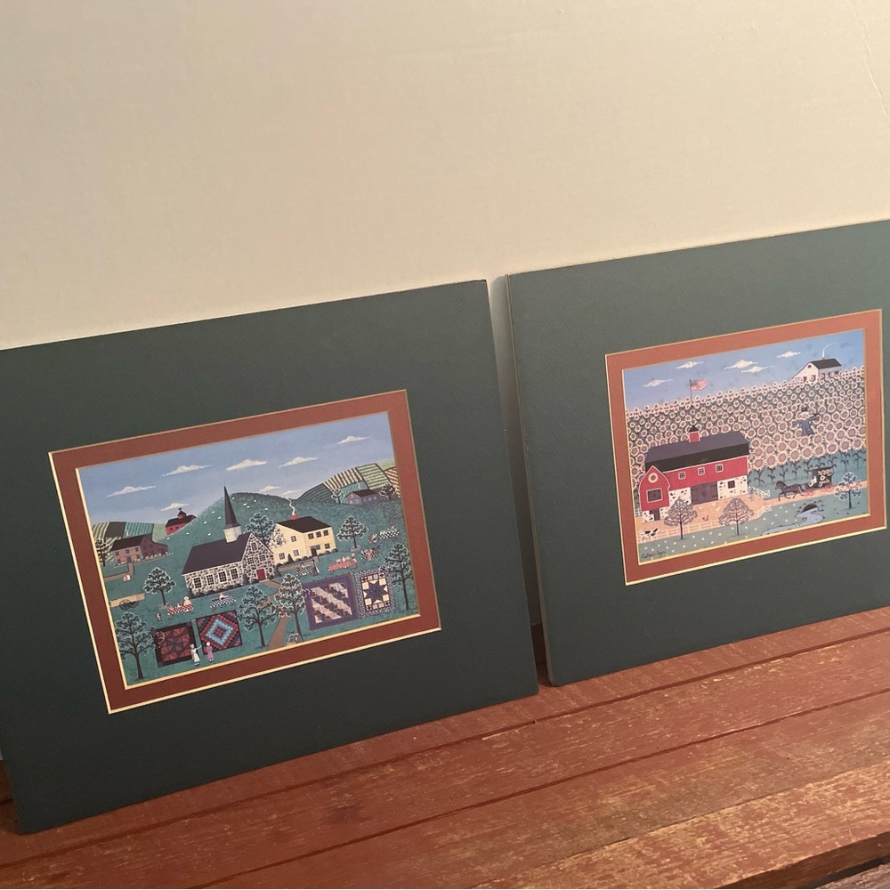 Folk Prints, Set of 2 double matted ready to frame. Primitive Scene/Village/Farm